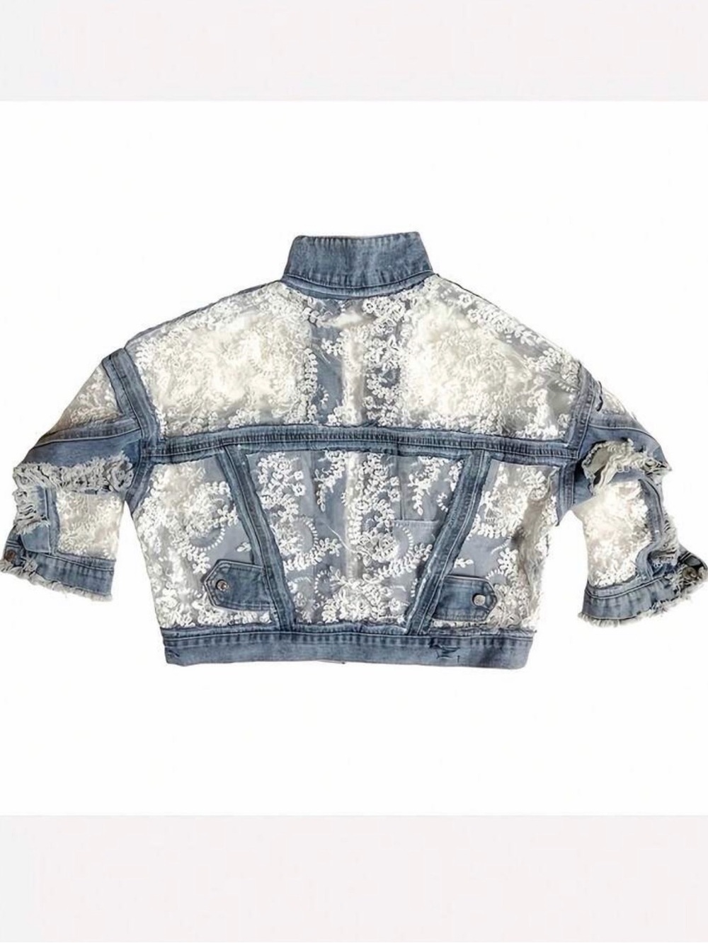 Sheer Embroidered Lace Denim Jacket - White Lace on Blue - Picture 4 of 5